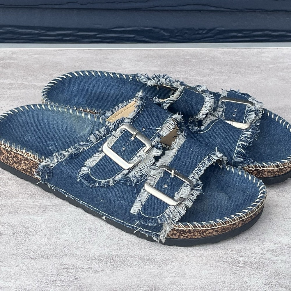 University Blue Denim Buckle Slide Sandals‎ Women's Size 6 Distressed Birk Style